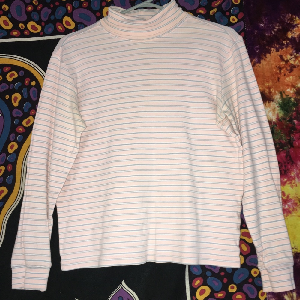 Pink and blue striped turtle neck